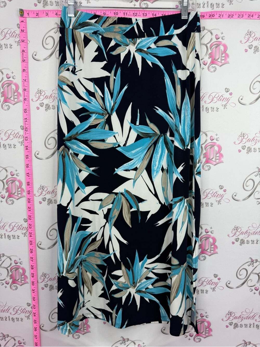 LAURA skirt leafs Tropical Print Midi Skirt in Navy and Teal